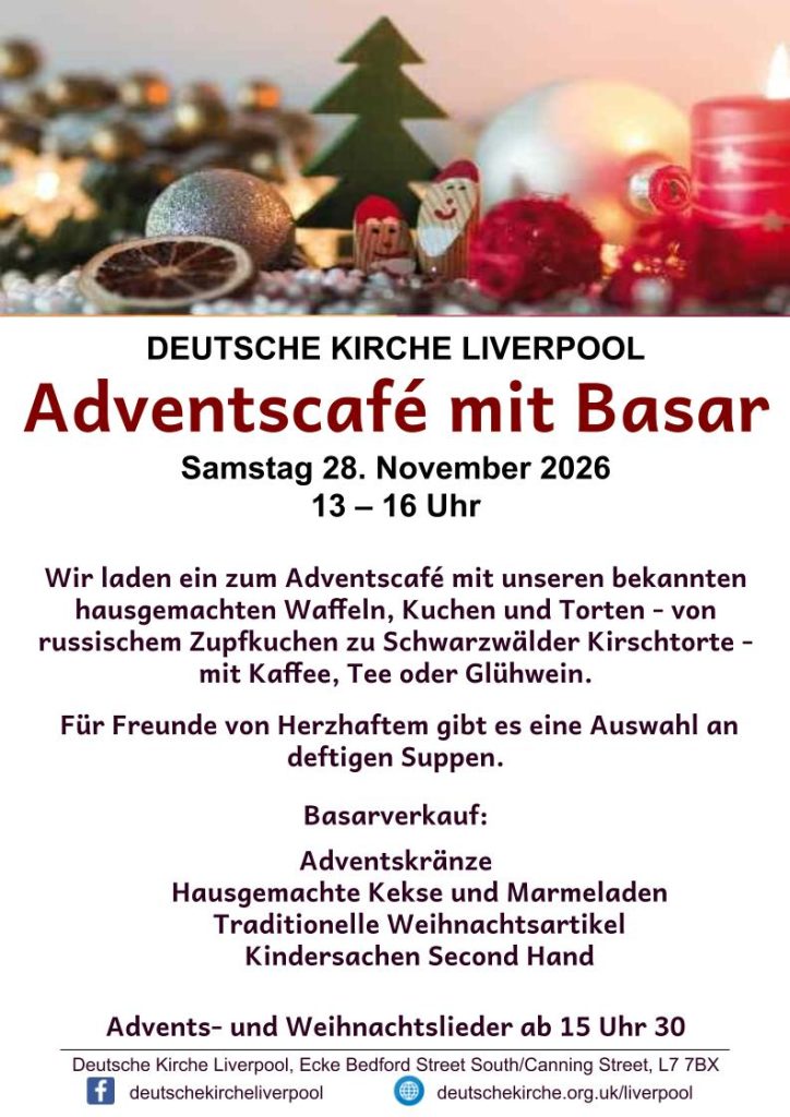 Liverpooler Adventscafé mit Basar am 28. November 2026 um 13 - 16 Uhr
